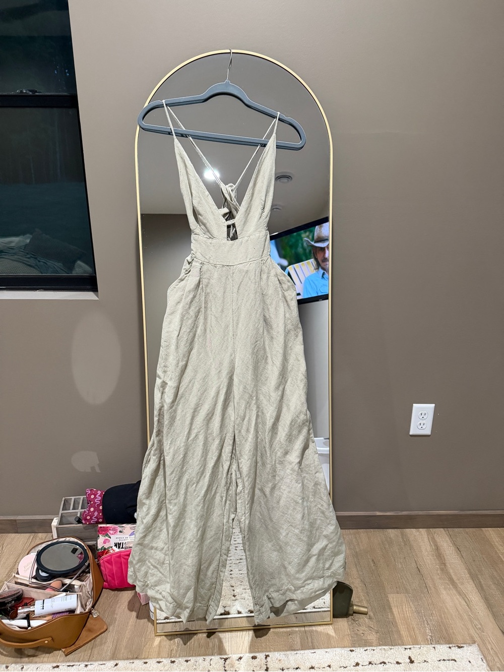 Free People Light Olive Green Strappy Wide-Leg Jumpsuit